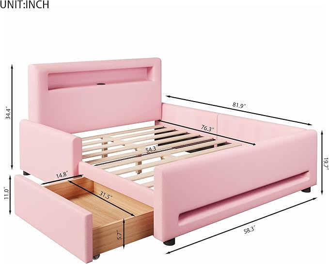 MERITLINE Full Size Upholstered Platform Bed with Drawer, App-Controlled RGB LED Light Strip & USB Port, PU Fabric Storage Bed (Pink) | LED light, Storage Drawer