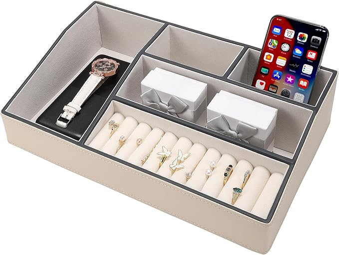 Faux Leather Valet Tray – 5-Compartment Desk Jewelry Trays, Phone Watch Organizer Catch-All Tray for Keys Wallet, Dresser Nightstand Office Entryway Storage (White)