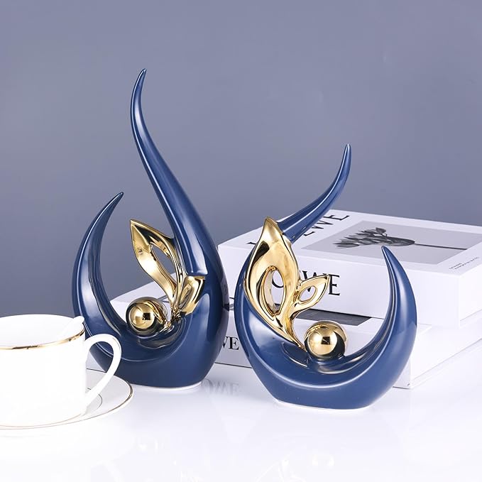 XMGZQ Blue Gold Ceramic Statues for Home Décor Accents,Abstract Art Mid Century Modern Decor,Elegantes Centerpiece Table Decorations,Navy Sculpture for Entryway,Bookshelf,Tv Stand,Mantel,Coffee Table