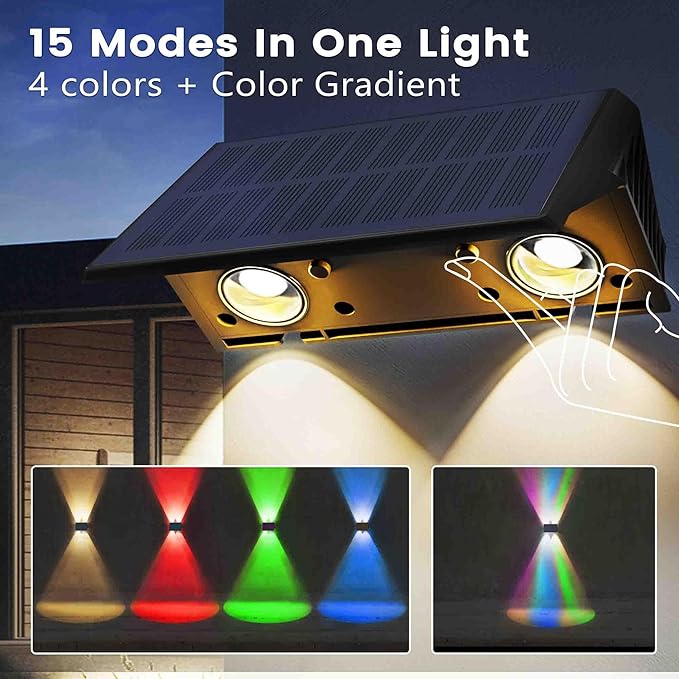 Fence Lights Solar Powered, 2-Pack Solar Fence Lights Up/Down Flexible Buttons, IP67 Waterproof for Outdoor, 100LM Bright, Auto Dusk to Dawn for Wall/Stairs/Yard/Railing/Deck/Pathway (White & RGB)