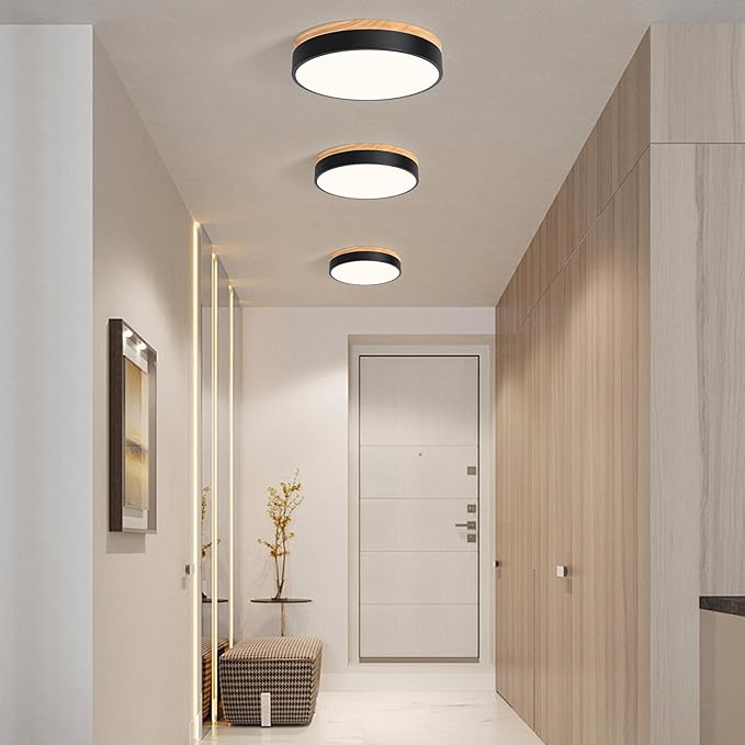Modern LED Ceiling Light, Dimmable Wood Flush Mount Ceiling Lighting Fixture, 5CCT Round Wood Close to Ceiling Lamp for Kitchen Hallway Bathroom Office Laundry Room Entryway Nursery(Black& 11.81 in)