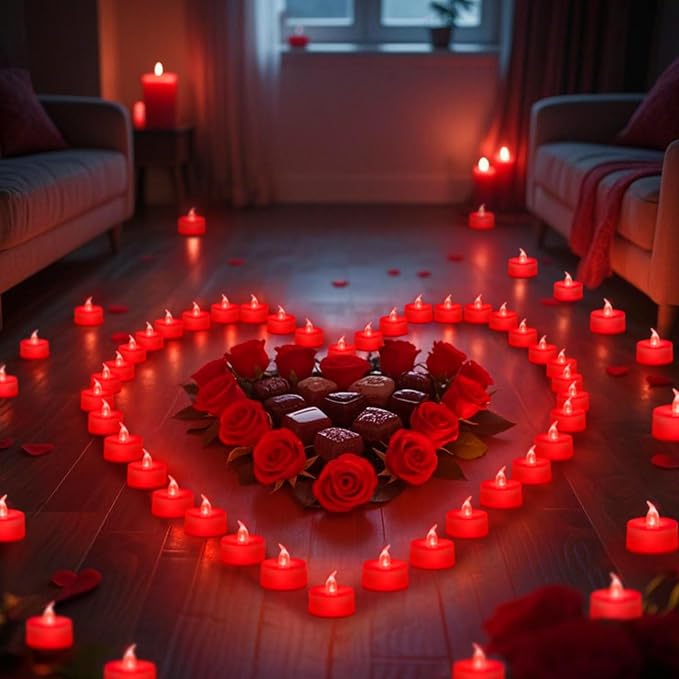 Tea Lights Battery Operated Candles LED Tea Lights Flameless Candles 200+ Hours Flickering Fake Tealights for Sweetest Day Wedding Home Decorations Party (Red Base, 12 Pack)