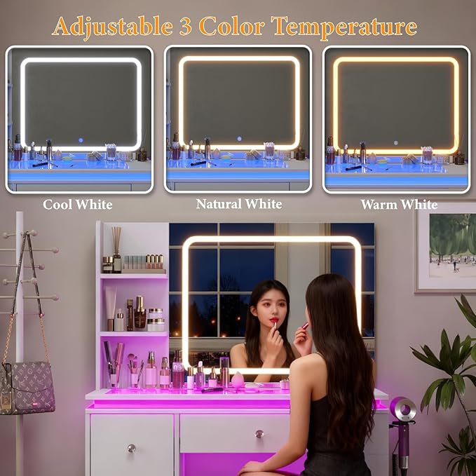 Vanity Desk with Mirror and Lights,Transparent Top Vanitys with 2 RGB Drawers, A Variety of Lighting Modes Brightness Adjustable,Power Outlet, Side-Mounted Large-Capacity Storage, White