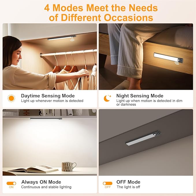 Gritin 10.2inch Under Cabinet Lighting Rechargeable 2 Pack- 3 Color Temps&5 Level Brightness, Super Bright, 4 Modes, Motion Sensor, Long Lasting - Easy Installation Magnetic Under Closet Lights-Black
