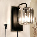 Plug in Sconces, Square Crystal Sconce Black Plug in Wall Sconce with On Off Dimmer Cord, Glass Wall Light Fixtures for Living Room Bedroom Hallway Staircase Bedside