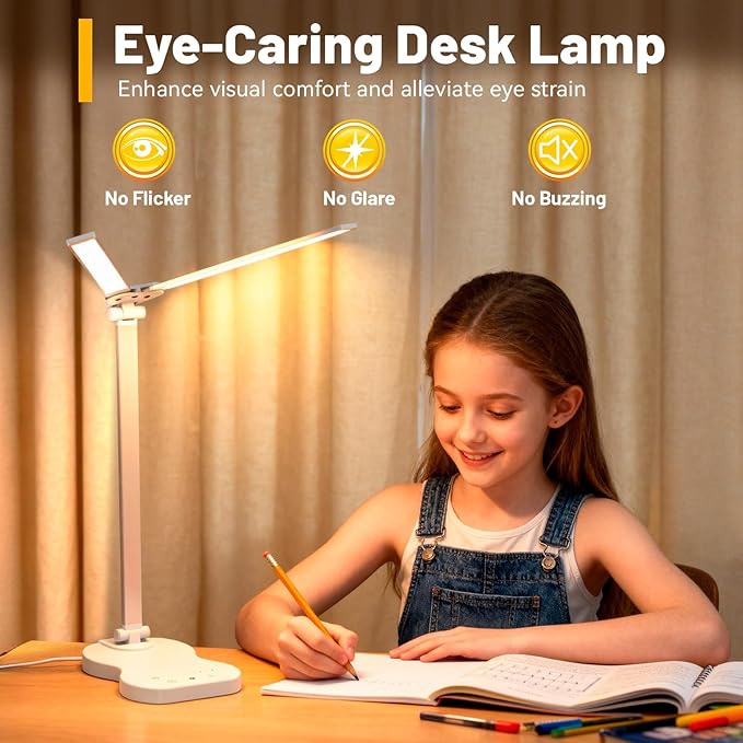 LED Desk Lamp with USB Charging Port, 5 Color Modes 10 Brightness, Dual Swing Arm Dimmable Desk Lamps for Home Office Nail Dorm (White)