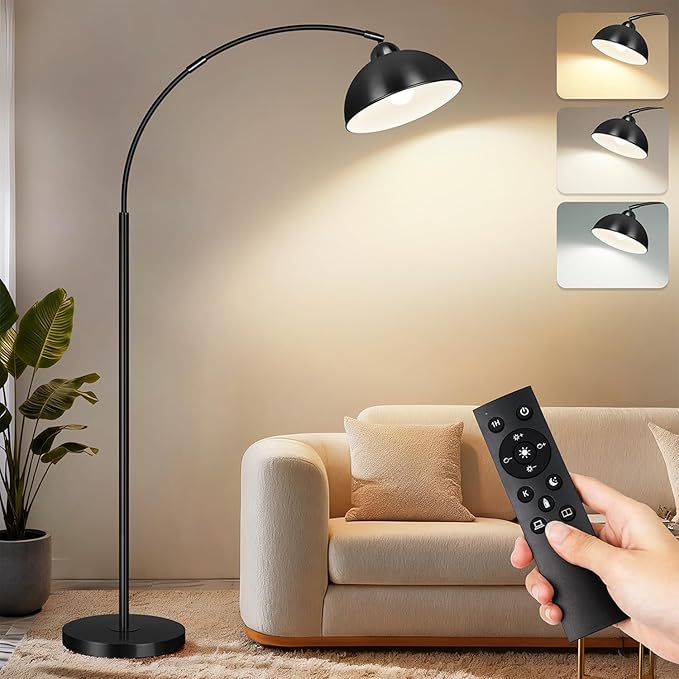 Arc Floor Lamps for Living Room, 72" Modern Tall Lamp with Remote Control and Stepless Dimmable 9W LED Bulb, Over Couch Arched Reading Lamp for Bedroom, Office(Black)