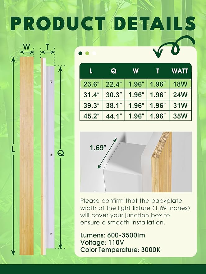 1 Pack Modern Plug in Long Wall Sconce 23.6‘’ LED Bamboo Wall Lights 18W Long Strip Indoor Wall Lamp 3000K with 6.5FT Plug in Cord and On/Off Switch on The Cord for Living Room Hallway Stairwell