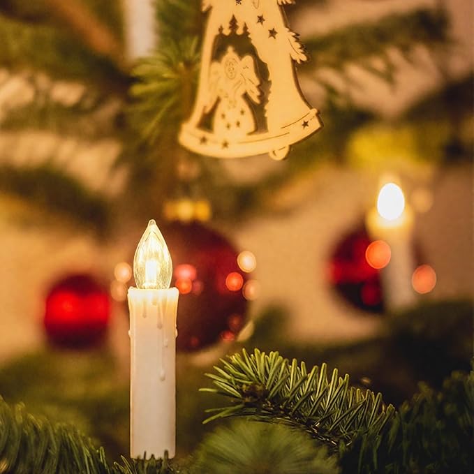 EuroFone LED FlamelessTaper Candles with Remote and Removable Clips, Battery Operated, Drip Effect, for Christmas, Decoration, Set of 10 (Warm White-W7)