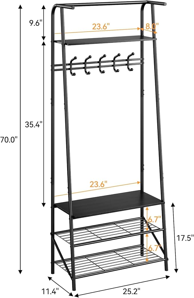 4-In-1 Hall Tree Entryway Organizer with 5 Hooks and Shoe Storage Bench, Sturdy Metal Frame, Metal Look Accent for Coat, Hat, and Bag Organization in Entryway, Living Room, or Bedroom