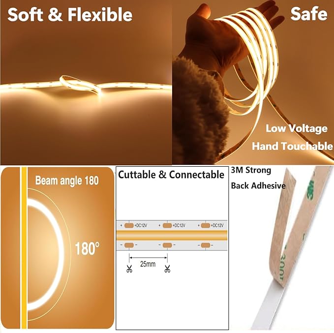 IP65 COB LED Strip Light, 480LEDs/m High Density 3000K Warm White,16.4FT DC12V Flexible Cuttable CRI90+ Uniform No-Spot Lighting for Kitchen,Bathroom&Under Cabinet,Home DIY Lighting (No Power Supply)