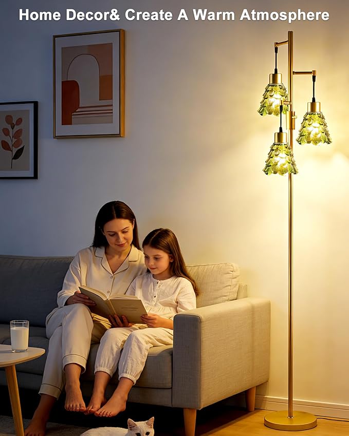 Glass Floor Lamps for Living Room, 67'' 3-Light Dimmable Floor Lamp with Green Glass Shade& E12 Bulbs Included, Mid Century Standing Tall Lamp for Bedroom/Sofa Beside/Corner Decor-Gold