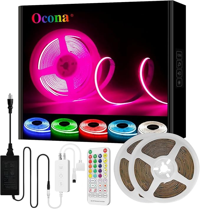 RGB COB Led Strip Kit, 32.8FT Ultra Bright (840LEDs/m) Bluetooth Led Lights with Smart App Control Remote, 24V Music Sync Led Lights, Color Changing Led Strip Lights for Bedroom, Indoor Home Decor