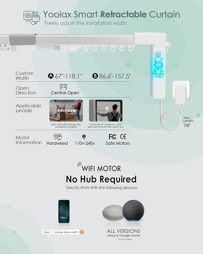 Yoolax Smart Retractable Curtain Compatible with Alexa and Google Home, Motorized Curtain Hardwired with Remote Customized Size (Shiny Silver Grey)
