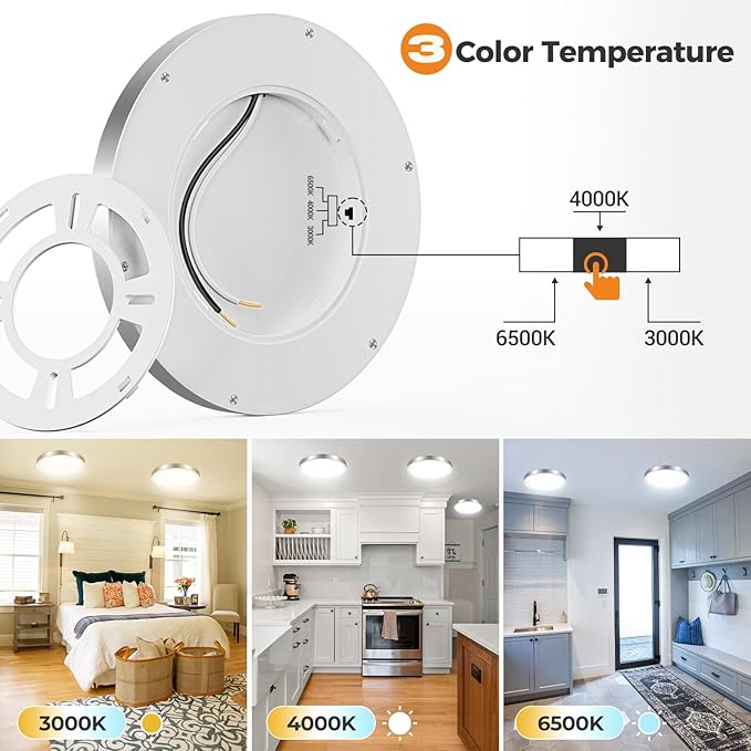 slochi 1Pack LED Flush Mount Ceiling Light Fixture, 9 Inch Light Fixture, 3000K-4000K-6500K Round Flat Bedroom Lights, Closet Round Surface for Bathroom Laundry Bedroom Hallway