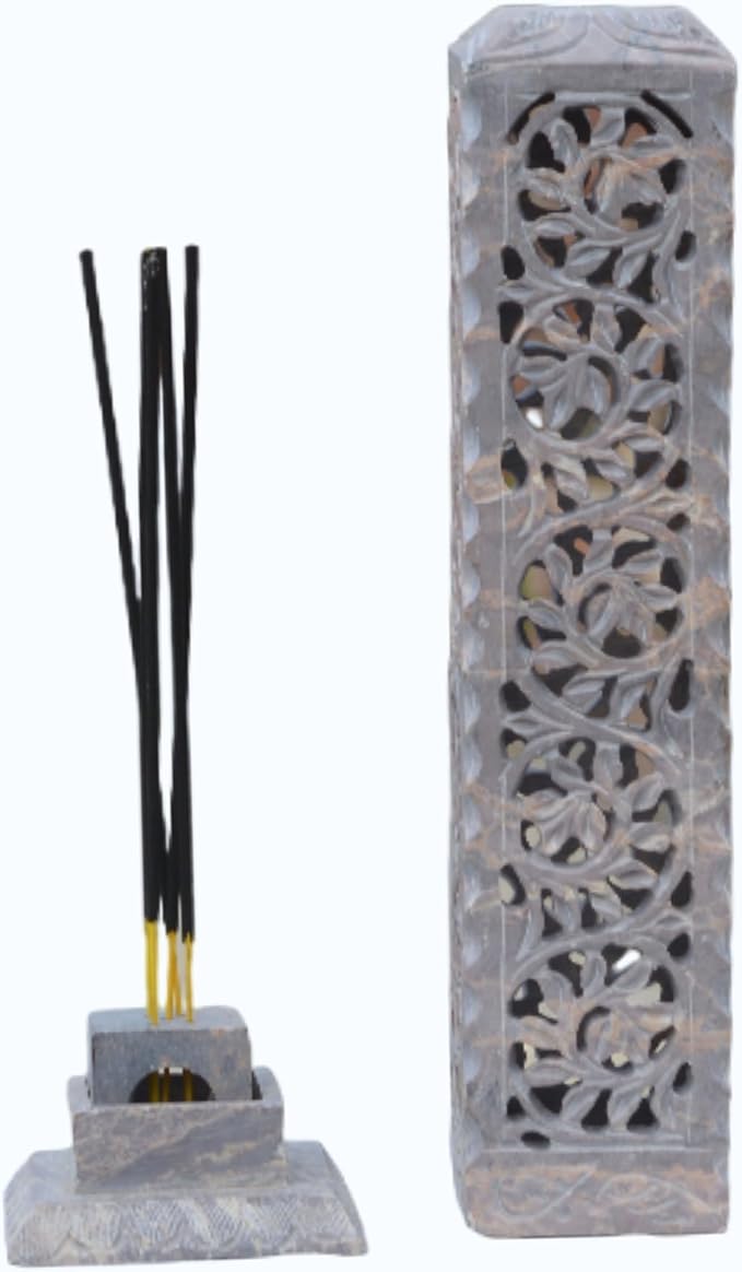 Handcrafted Soapstone Incense Tower and Candle Holder 11”inch Artistic Burner for Home Decor Gift, Spa & Relaxation | Elegant Tea Light Holder & Aroma Diffuser | Handcrafted Incense Stick Holder