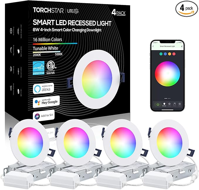 TORCHSTAR Smart Recessed Lighting 4 Inch with J-Box, CRI90+ Color Changing RGBCW Smart Downlight, Aluminum, ETL & ES Listed, Voice Control with Alexa, Google Assistant, Siri, Pack of 4