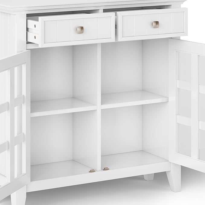 SIMPLIHOME Acadian Solid Wood 48 inch Wide Storage Bench that Seats 2 and 36 inch Wide Storage Cabinet in White for the Living Room, Entryway, and Family Room, Transitional Style