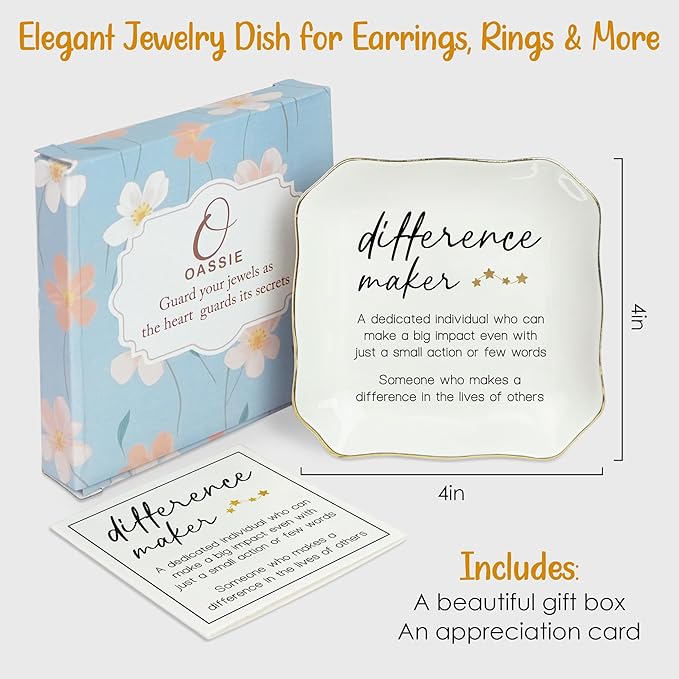 OASSIE Birthday Gifts for Women - Difference Maker 4x4 Ceramic Jewelry Dish Tray - Valentines Appreciation Thank You Gifts for Teacher Coworkers Employee Boss, Retirement Gift Woman