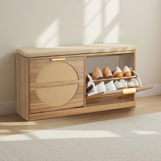VEVOR Shoe Storage Bench, Rattan Entryway Bench with Coat Rack & Padded Cushion, Shoe Cabinet Holds up to 440 lbs, 38.9x 9.4x19.7 Inche for Hallway, Living Room, Bedroom