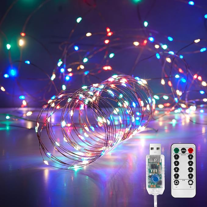 1 Pack 32. 8 ft. USB Powered Fairy Lights with Remote & Timer, 100 LED USB Twinkle String Lights - Silver Wire, 8 Modes, Waterproof, Multi Color Starry Lights for Party, Wedding, Christmas
