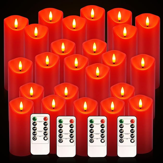 24-Pack Red Flameless LED Candles with Remote - Realistic Flickering Battery - Operated Pillar Candles forValentine's Day, Home Decor, Weddings, Parties.