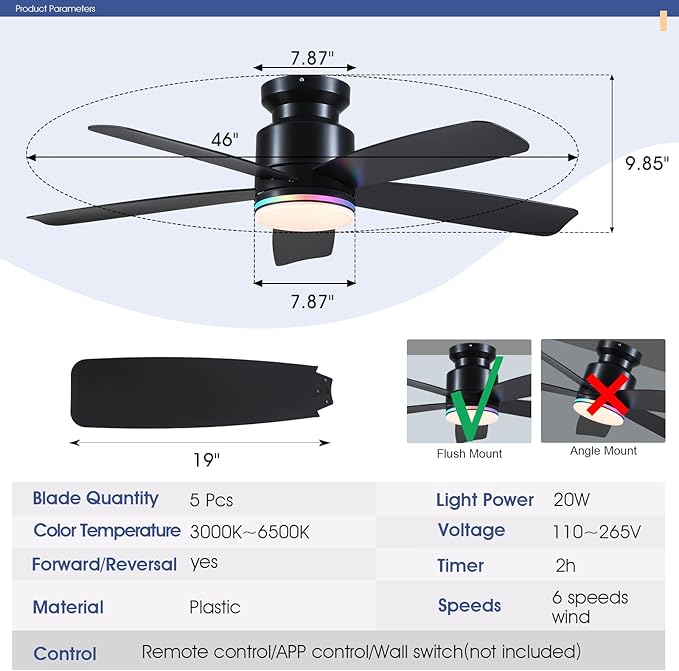 46 Inch Black Flush Mount Ceiling Fans with Lights, 5 Blades Reversible, 6-Speed 2H Timer, RGB & 3 CCT Dimmable, Remote & APP Control for Bedroom Kidsroom