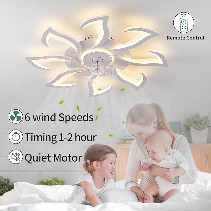 Malnutcolor Modern Low Profile 36 Inch White Flush Mount Ceiling Fan with 3 Light Color 6 Speeds, Fandelier for Living Room
