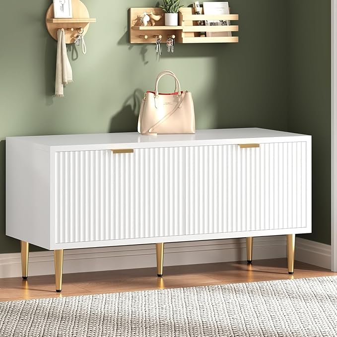 GAOMON Modern Fluted Shoe Storage Bench – 42 Inch Compact Wooden Entryway Cabinet with Spacious Storage, Comfortable Seating for Hallway, Foyer, Mudroom, Front Door