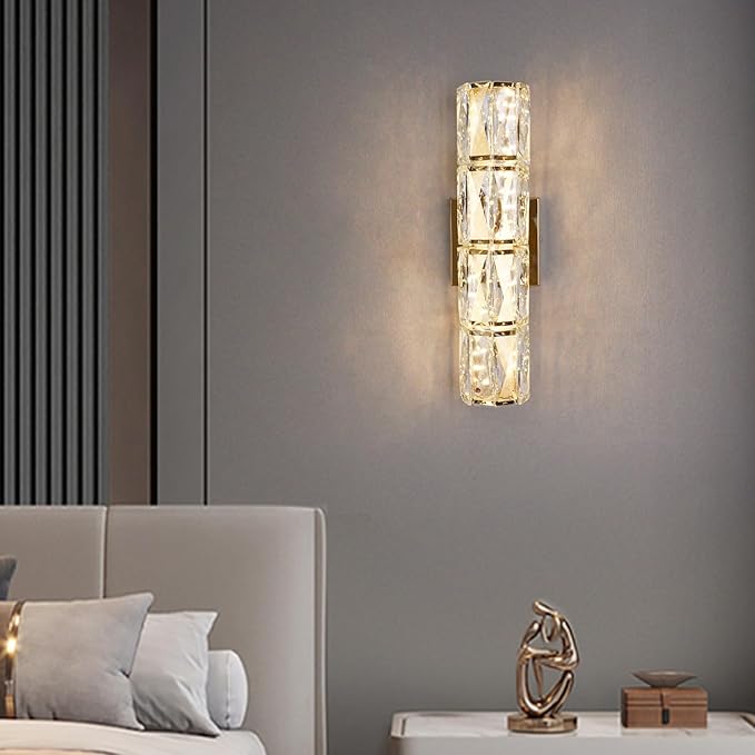 Gold Crystal Wall Sconces, Modern LED Crystal Wall Light Fixtures with Remote, Luxury Vanity Wall Lamp Indoor for Bedroom Living Room Hallway Stairway Bedside, 3000K-6000K Dimmable