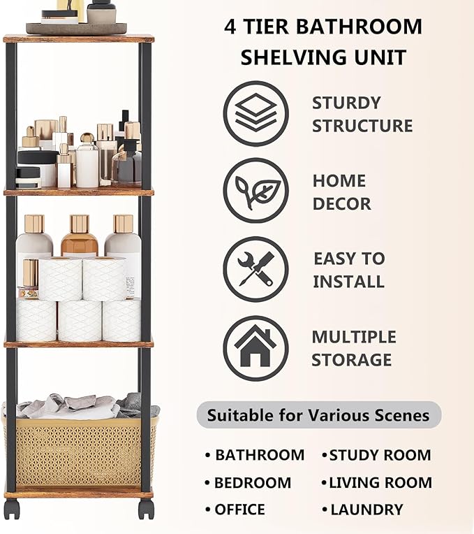 Bathroom Shelving Unit with Wheels, 4-Tier Narrow Open Floor Shelves, Metal Corner Slim Storage Rack for Bathroom Laundry Room Kitchen Living Room, Rustic Brown