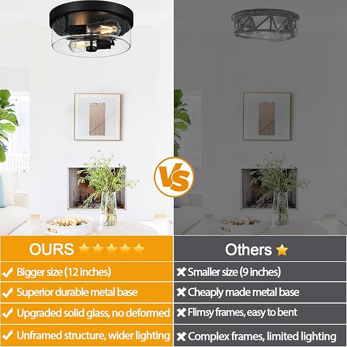 Black Flush Mount Ceiling Light Fixtures, 2-Light Ceiling Mount for Farmhouse with Seeded Glass Lampshade, Industrial Flush Mount Light Fixture Farmhouse for Hallway, Kitchen, Entryway and Foyer