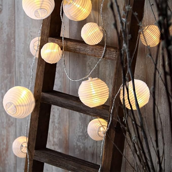Vigdur White Lantern String Lights - Large and Small Hanging Nylon Lantern Lights Plug in for Indoor Bedroom Party Outdoor Patio Backyard Use,9.84FT