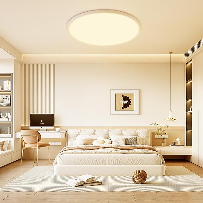MOONSEA 24 Inch Flush Mount Ceiling Light Fixture 48W - 3000K/4500K/6000K Adjustable Round Large Kitchen Light Fixtures Ceiling 4800lm, Dimmable Light Fixtures for Bedroom, White