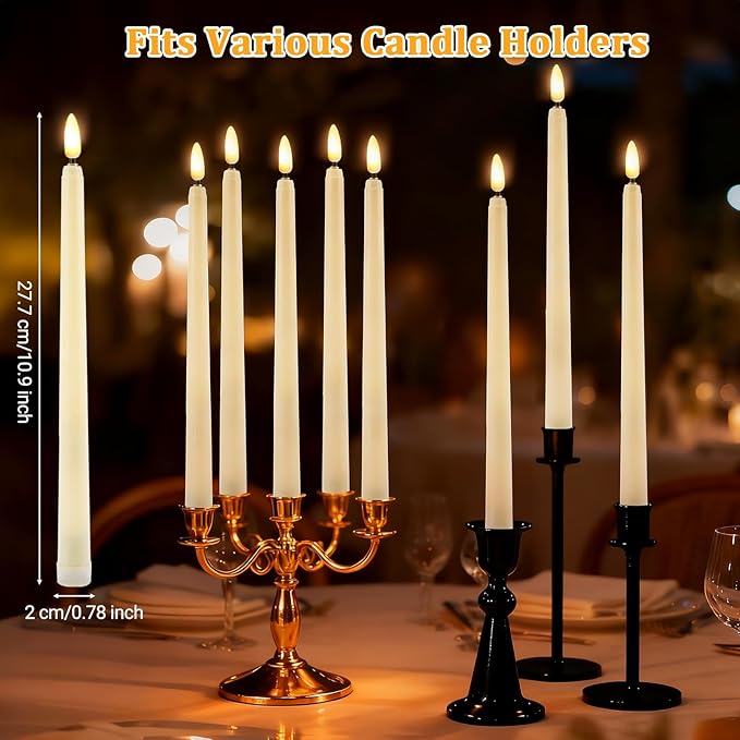 IMAGE Rechargeable Flameless Taper Candles with Remote, 12 Pcs LED Candlesticks 3D Wick Ivory Taper with Timer Flickering Function for Home, Wedding, Birthday Halloween Christmas Church, Warm White