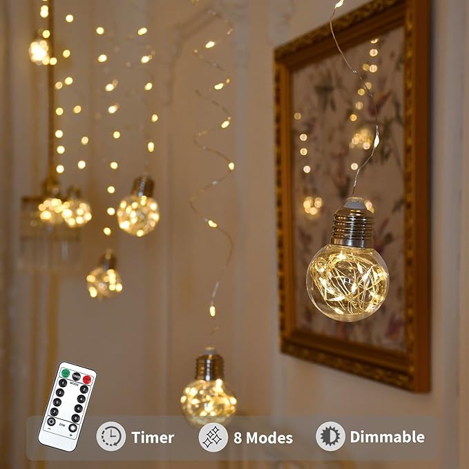 YOLIGHT Wishing Ball Curtain Lights 200 LED Window Curtain String Lights with Remote, USB Battery Powered Twinkle Globe Fairy Lights for Wedding Party Bedroom Christmas Decoration (Warm White)