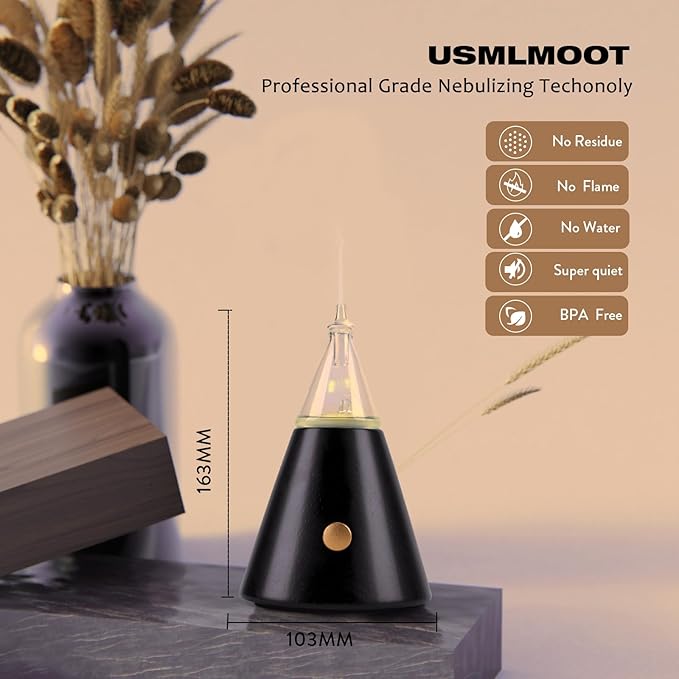 Professional Waterless Essential Oil Diffuser, Glass &Wood Aroma Oil Nebulizer with Cold Air Diffusion Technolgy, Essential Oil Scent Atomizing Machine for Home/Spa－Super Quiet