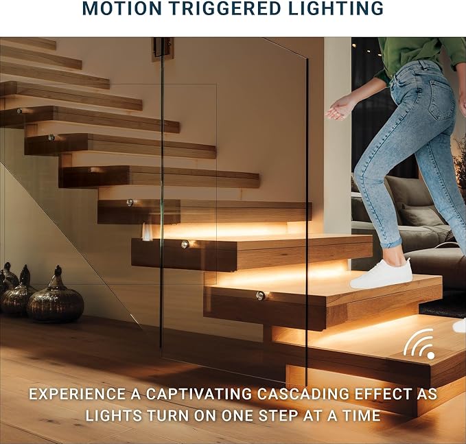 PARMIDA Intelligent Motion Sensor LED Indoor Stair Lighting Kit, RGB & 5CCT Color Selectable, 24" Aluminum Light Bars, Staircase Cascading Style, Remote Control, Dimmable, UL Driver, 100W - 10 Steps