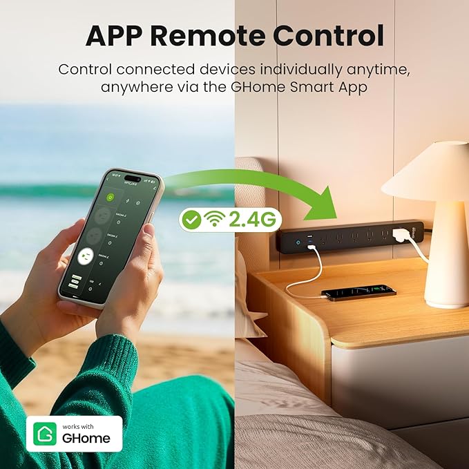 GHome Smart Power Strip 15A, 2.4G WiFi Smart plugs that work with Alexa & Google Home, Surge Protector Flat Plug with 6 APP Control WiFi outlets, FCC Listed, 7.18 ft flat extension cord, No Hub Needed