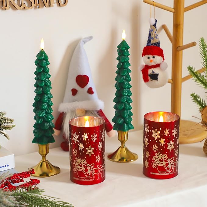 Lezonic Christmas Flameless Candles with Remote, Green Christmas Tree Flickering Battery Operated Window Candlesticks, Red Glass Xmas New Year Decorations Gifts, Set of 4 Real Wax LED Candles