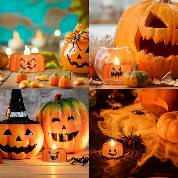 DRomance Halloween Pumpkin Lights Flameless Candles Battery Operated with Timer, 200 Hours Lasting LED Flickering Votive Tealight Candles Spooky Face Halloween Decorations Indoor(6 Pack, 1.9" x 1.6")