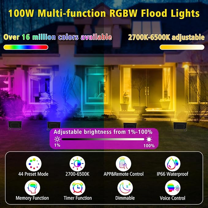 T-SUN RGB Flood Lights Outdoor, 1000W Equivalent Color Changing Landscape LED Light with APP & WiFi & Remote Control, Waterproof Floodlight with 16 Million Colors, Timing, Music Sync (100W-6Pack)