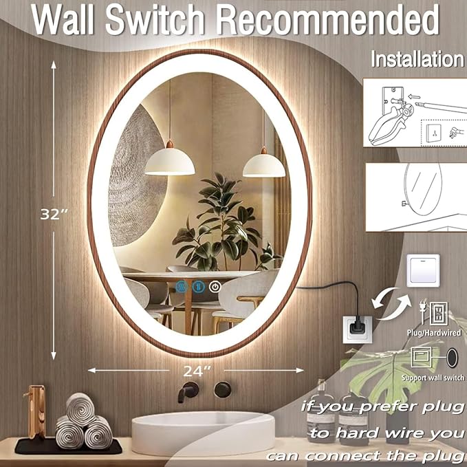 24 x 32 Inch Wood Frame LED Oval Mirror with Lights Smart Memory 3 Color Dimmable AntiFog Wooden Grain Design 32 Inch Wood Oval Lighted Vanity Mirror for Bathroom Wall Mounted