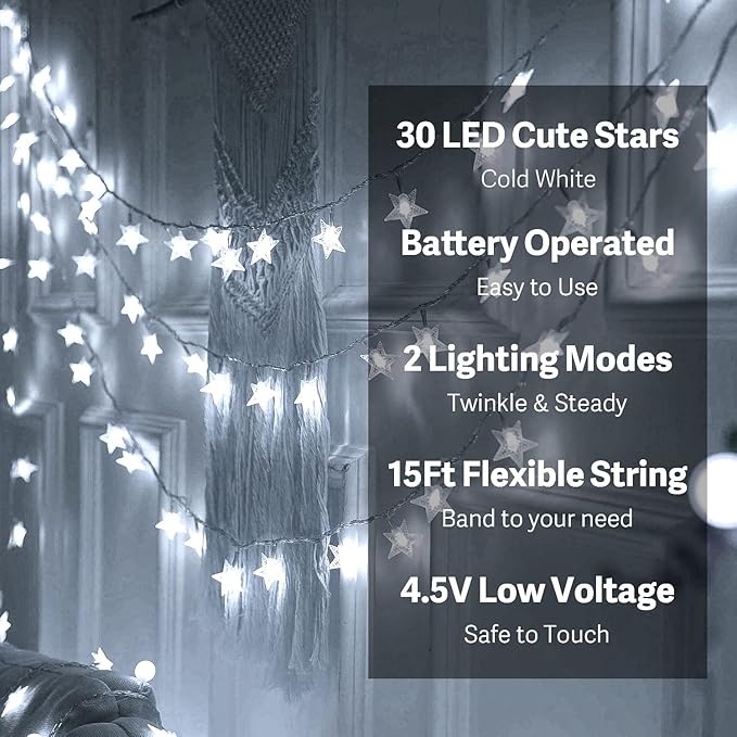 Star Light Star String Lights 15 FT 30 LED Fairy Light Battery Operated Indoor&Outdoor Twinkle Christmas Lights Bedroom Decor for Xmas Tree(Cool White)