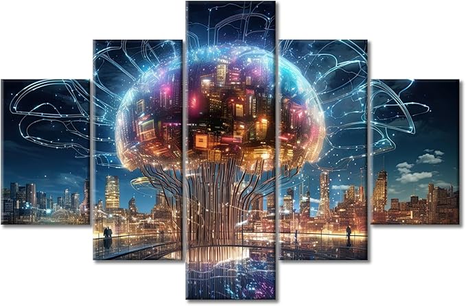 5 Piece City Smart Brain Wall Pictures for Living Room Human Brain Energy Painting Wall Decor Art Artificial Intelligence Concept Bedroom Wall Art Framed Ready to Hang, (60"Wx40"H)