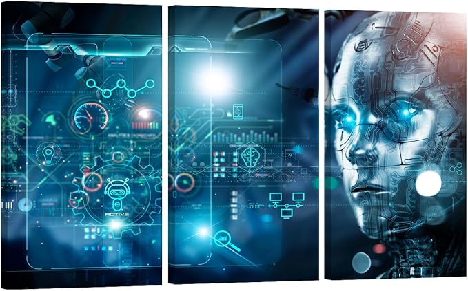 Bedroom Wall Art 3 Panels Machine Learning, Data Exchange, Deep Learning, Industry 4.0 Posters Print on Canvas Wall Decor for Living Room Bedroom, Stretched and Framed Ready to Hang, 20x40inchx3