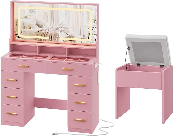 IDEALHOUSE Vanity Desk with Mirror and Lights, Makeup Table with Glass Top & 8 Drawers, 3-Color LED Mirror, Power Outlets & USB, Hair Dryer Holder, Stool Included, Dressing Table Set for Bedroom