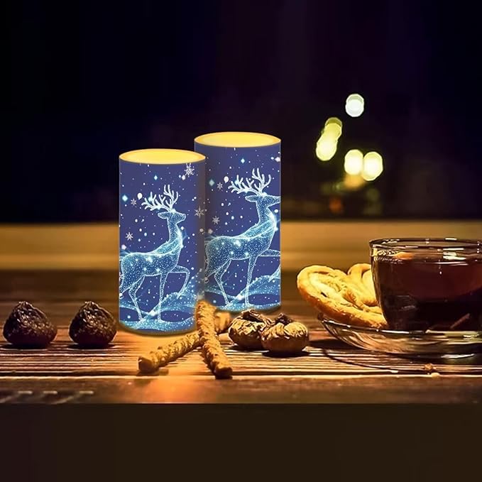 Christmas Bedroom Decor LED Candles with Remote Deer Patterns Flameless Pillar Candles Battery Operated with 18-Key Remote Timer for Home Indoor Room Decor Xmas Table Decorations