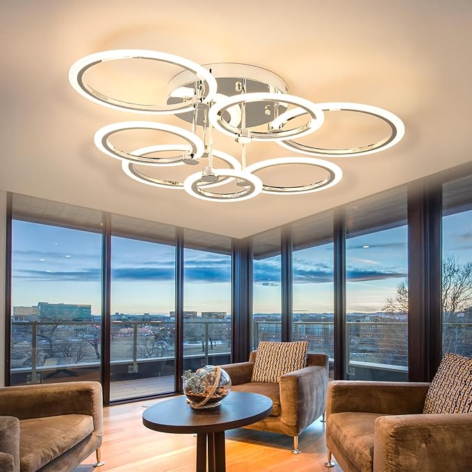 7-Ring Modern LED Flush Mount Ceiling Light - 31.8" Dimmable Close-to-Ceiling Fixture with Remote Control, 130W 3000K-6500K Adjustable Color Temperature for Bedroom, Living Room (Chrome)
