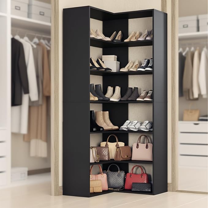 Anystyle 71 Inch Large Corner Shoe Rack for 40+ Pairs, 6-Tier L-Shaped Shoe Storage Cabinet Organizer, Freestanding Wooden Shoe Shelf for Closet, Entryway, Hallway, Black